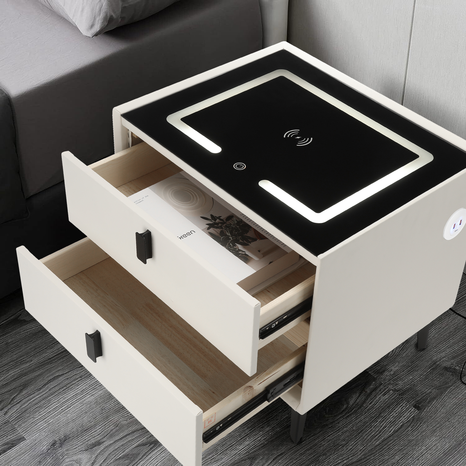 2 Schubladen Smart Nachttisch Schrank Mit LED Drahtloses Aufladen Schlafzimmer
