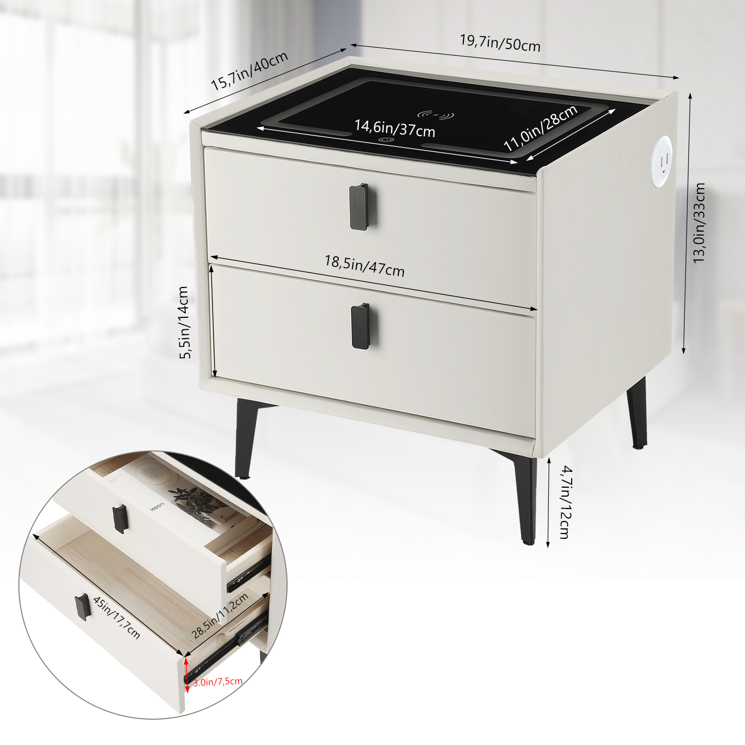2 Schubladen Smart Nachttisch Schrank Mit LED Drahtloses Aufladen Schlafzimmer