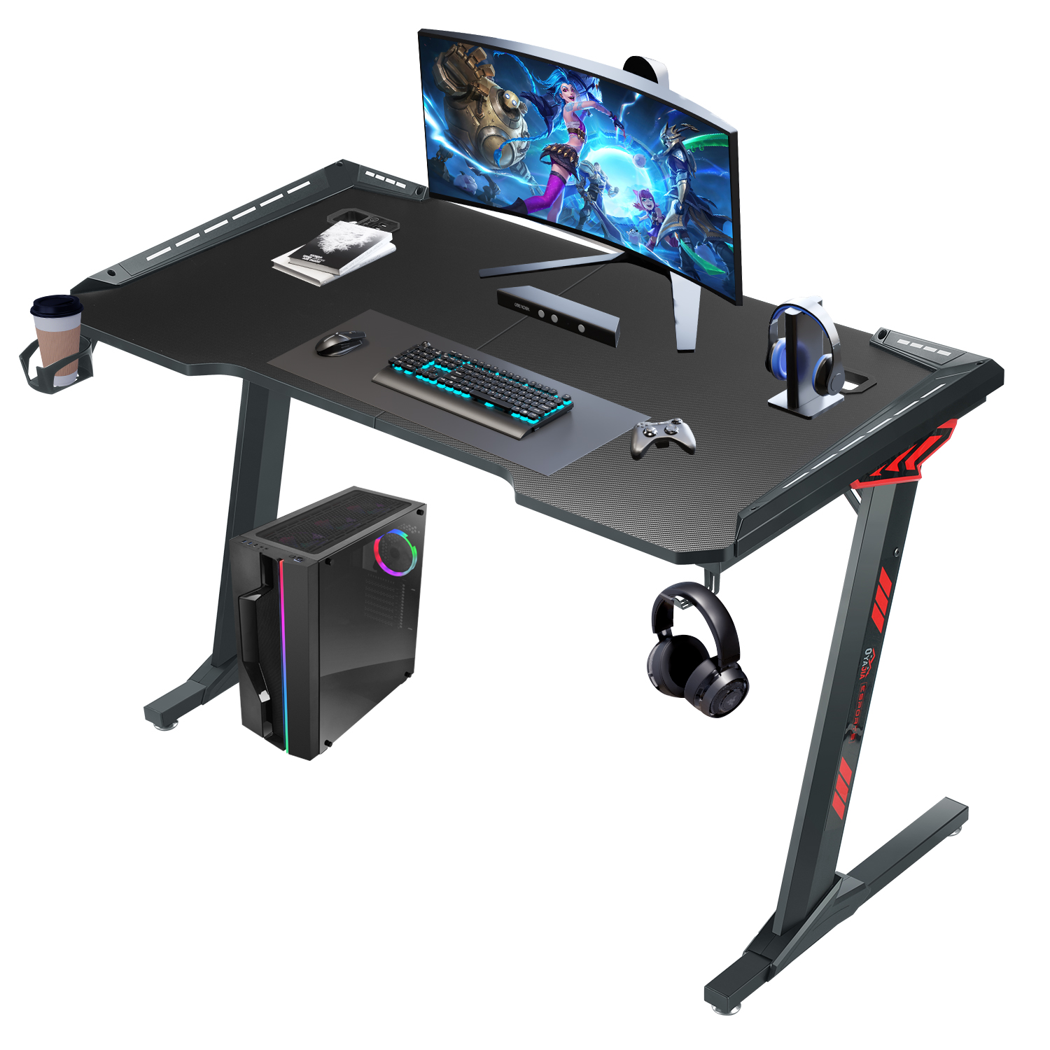 Computertisch RGB LED Ergonomischer Gaming Tisch Gaming Schreibtisch Schwarz